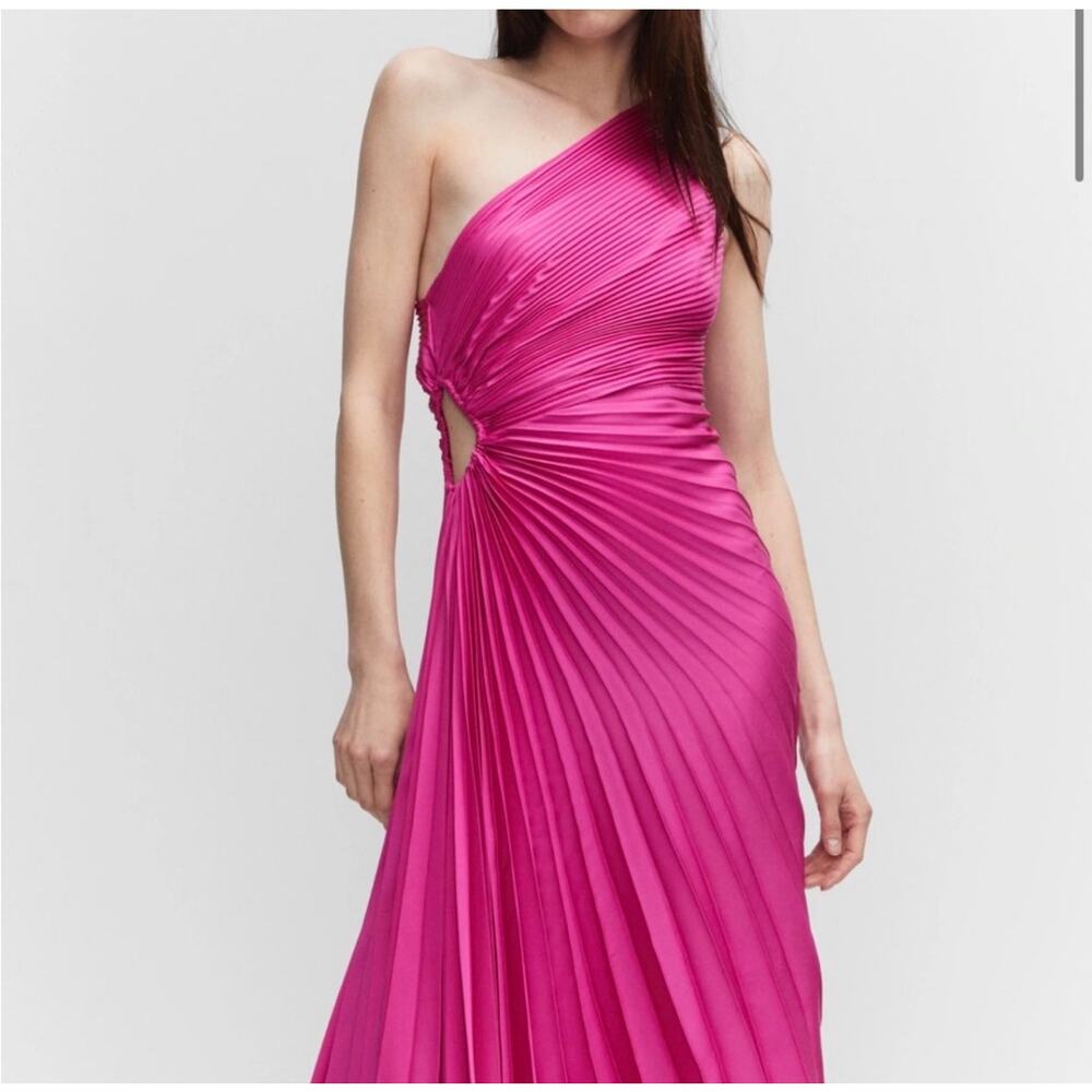 Mango One Shoulder Satin Asymmetric Pleated Maxi Dress Pink Sz 4 Wedding Guest - Picture 2 of 6